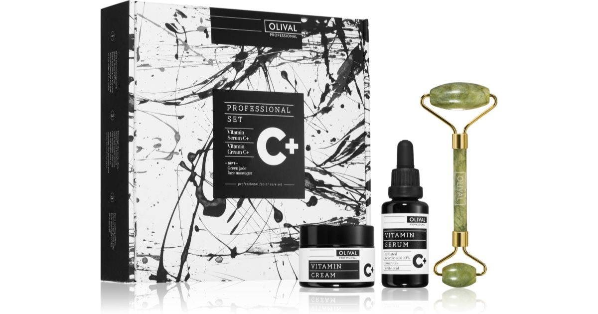 Olival Kit de cuidado facial profesional C+ con crema facial con vitamina C 50 ml + sérum iluminador facial 30 ml + rodillo de masaje para rostro y es