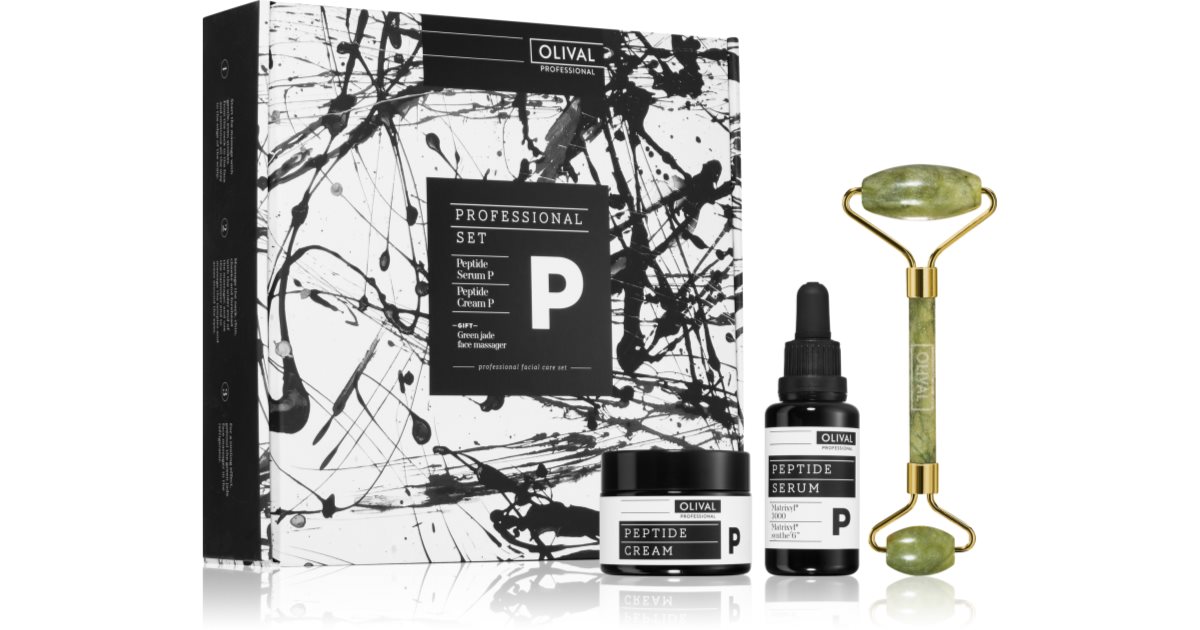 Olival Professionelt P ansigtsplejesæt mod ældningstegn anti-aging serum 30 ml + ansigtscreme med peptider 50 ml + massagerulle til ansigt og décollet