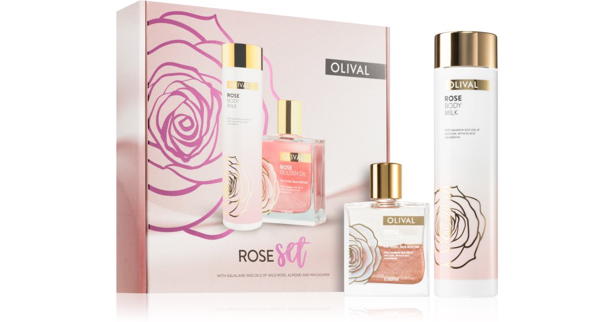 Olival Rose gavepakke Nærende og fuktighetsgivende kroppsmelk 200ml + glitterolje for ansikt, kropp og hår 50ml