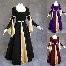 Rétro Vintage Epoque Médiévale Renaissance Robe Viking Elfe Femme Bloc de couleur Grande Taille Halloween Mascarade GN Robe