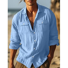 Homens Camisa Social Camisa de linho de algodão camisa de verão Roupa de Praia camisa de botão Camisa casual Preto Branco Azul Claro Manga Longa Tecido Lapela