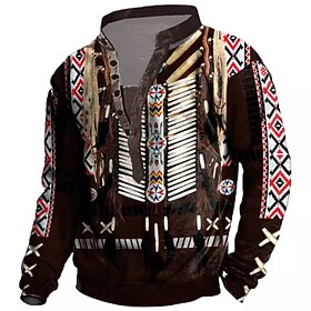 Thanksgiving Native American Jacket Mens Graphic Hoodie Sweatshirt Pullover Button Up Coffee Standing Collar Prints Casual Daily Sports 3D Boho Festival Brown
