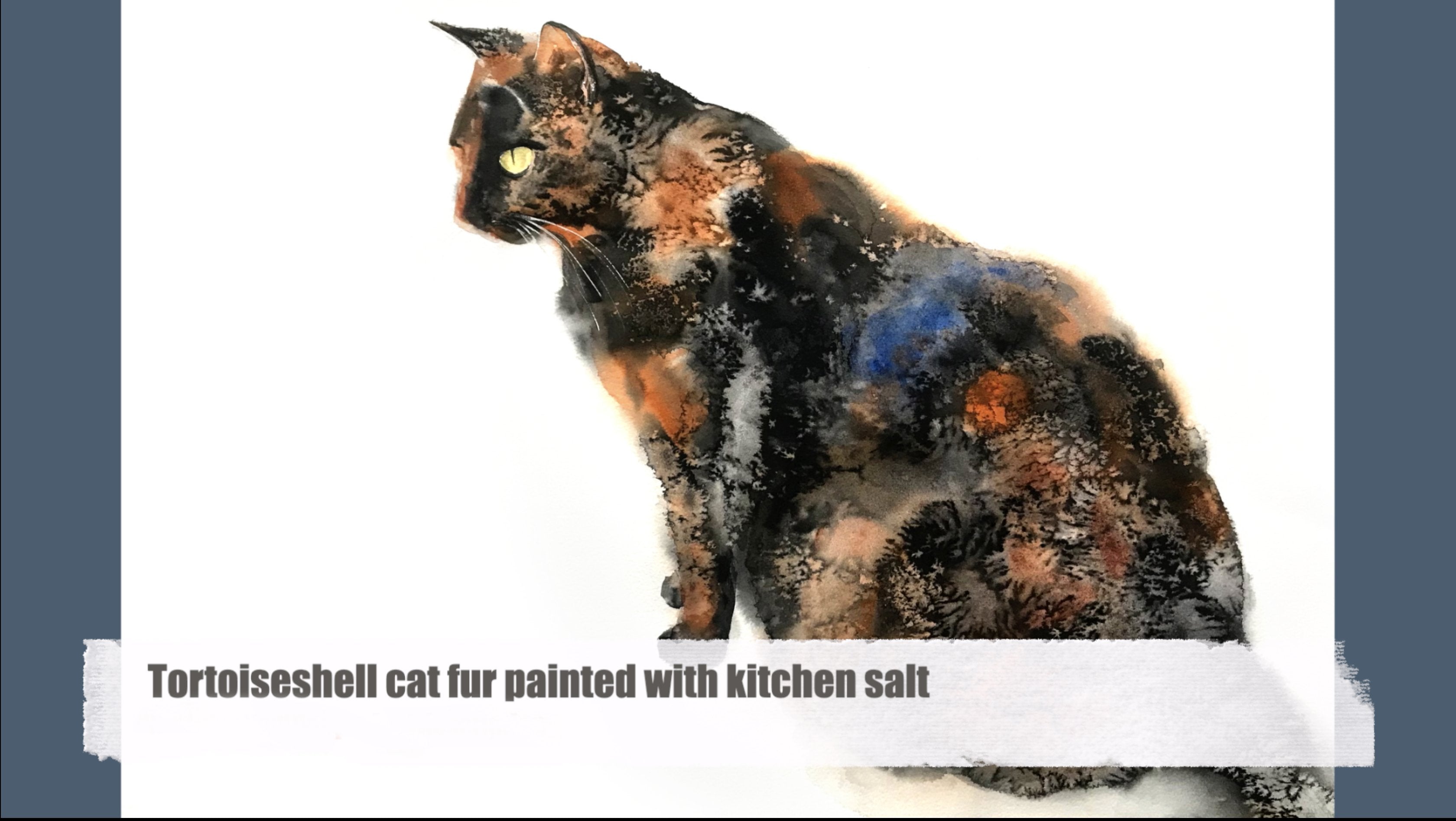 Tortoiseshell cat fur painted with kitchen salt - wet on wet watercolor tutorial
