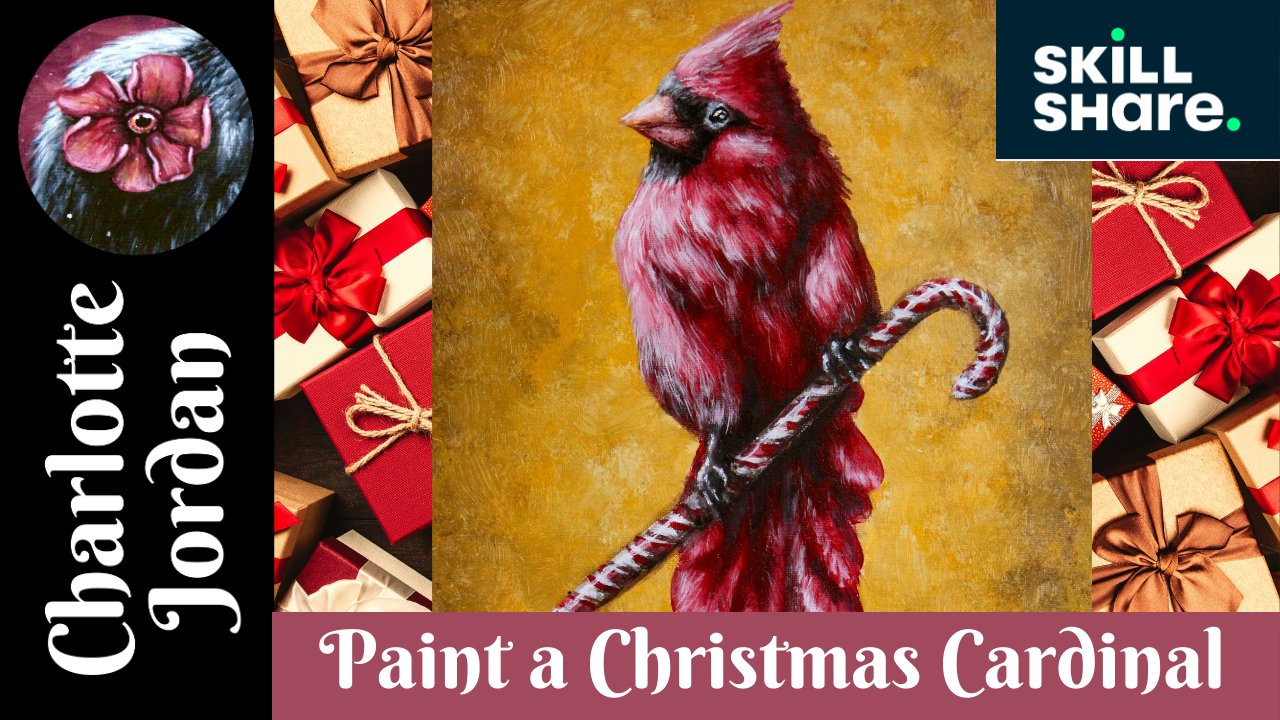 Paint a Christmas Cardinal and a Candy cane in Acrylic