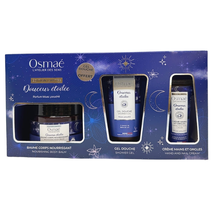 Osmaé Starry Softness Box - Balsam nutritiv pentru corp + Gel de duș + Cremă pentru mâini și unghii cu mușchi pulverizat (ediție limitată)