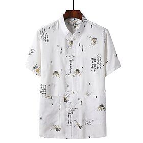 Homens Camisa Social camisa de linho Camisa casual Camisa de algodão Camisa Chinesa Branco Bege Cinzento Manga Curta Folha Colarinho Mandarim Verão Rua Feriado