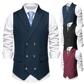 Homens Colete Gilet Roupa Diária Férias Para Noite Vintage Moda Primavera  Outono Botão Poliéster Confortável Tecido Trespassado Lapela Normal Preto Vinho Azul