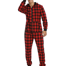 Men's Loungewear Sleepwear Onesie Pajamas 1 PCS Grid - Plaid Fashion Comfort Soft Home Bed Polyester Warm V Wire Basic Spring Fall Black Red
