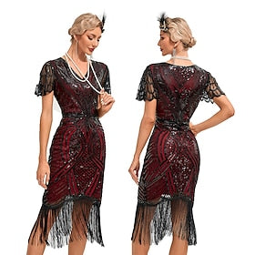 Rétro Vintage Les rugissantes années 20 1920s Robe à clapet Robe Bal Masqué Gatsby le magnifique Femme Paillettes Franges Mascarade Mariage robe demoiselle d h