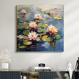 Handmade Original Lotus Flower Oil Painting On Canvas Wall Art Decor  Minimalist lake for Home Decor With Stretched Frame/Without Inner Frame Painting