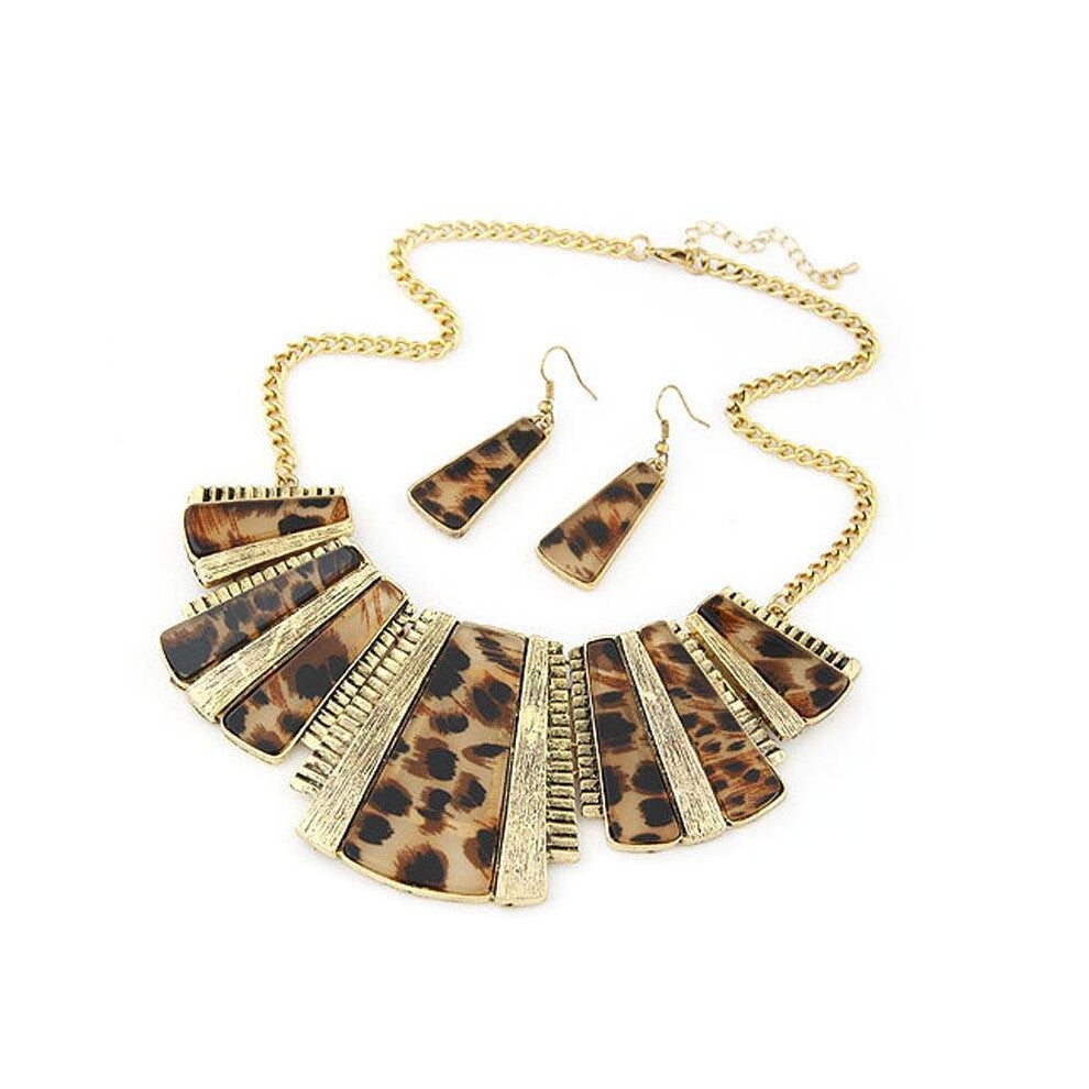 Womens Mixed Style Bohemia Leopard Bib Chain Necklace+Earrings Jewelry