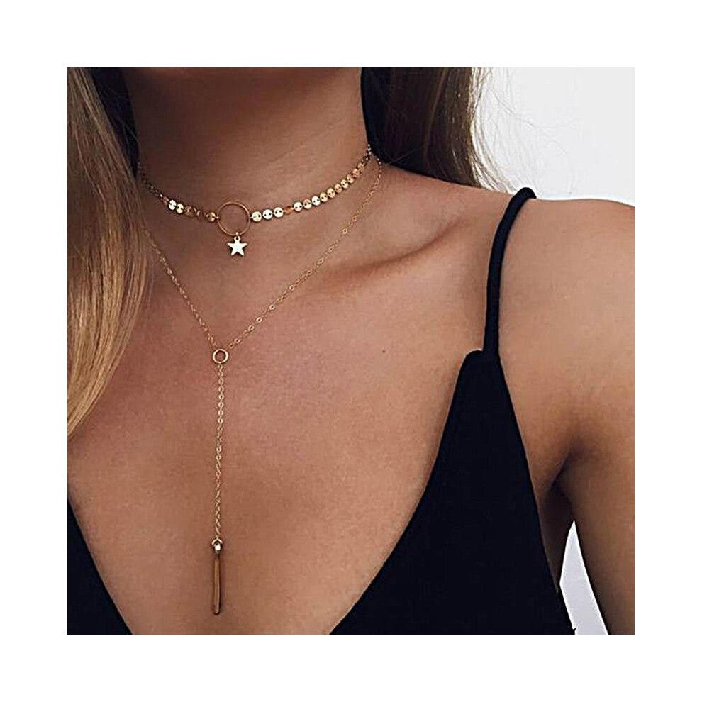 2017 NEW bright piece Metal Star Punk Chokers Necklace Strip Accessories Long chain layer Sequins Necklaces Jewelry For Women
