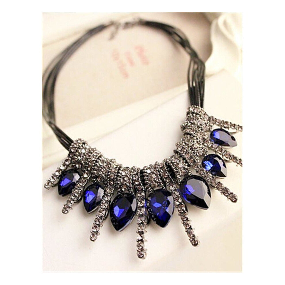 ! Luxury Imitation blue diomands rhinestone gem crystal peacock feather rope statement necklace fashion jewelry