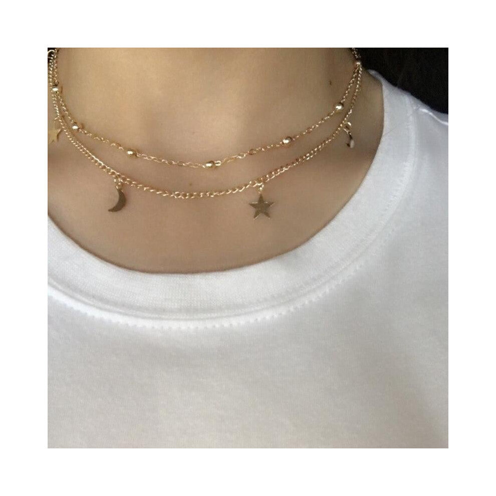 Layered Gold Choker Necklace-Moon Stars Gold Necklace-Multistrand Necklace-Gift XL406