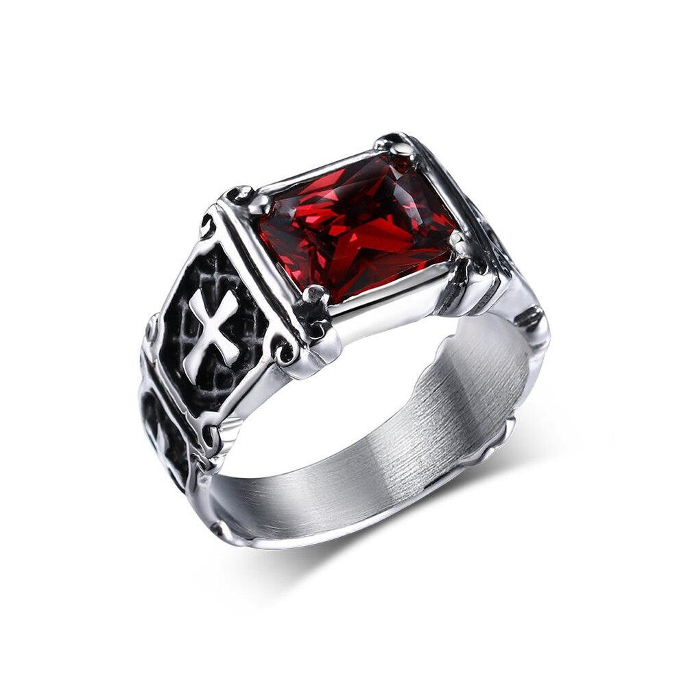 Mprainbow Vintage Mens Rings Stainless Steel Red Large Crystal Dragon Claw Cross Ring Band Gothic Biker Knight Punk Jewelry 2017