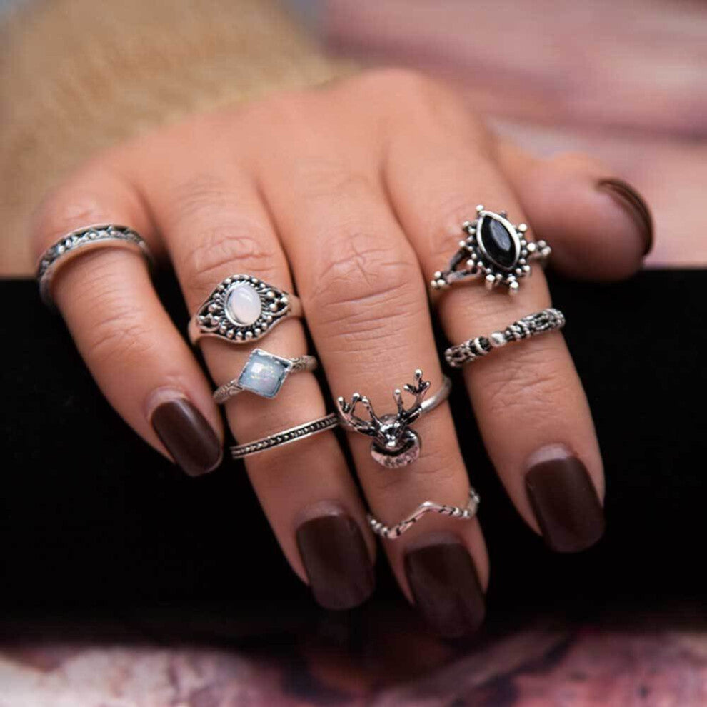 KISS WIFE ring 8PC - set. Rings festivals Retro carved deer deer head pattern charm opal ring female