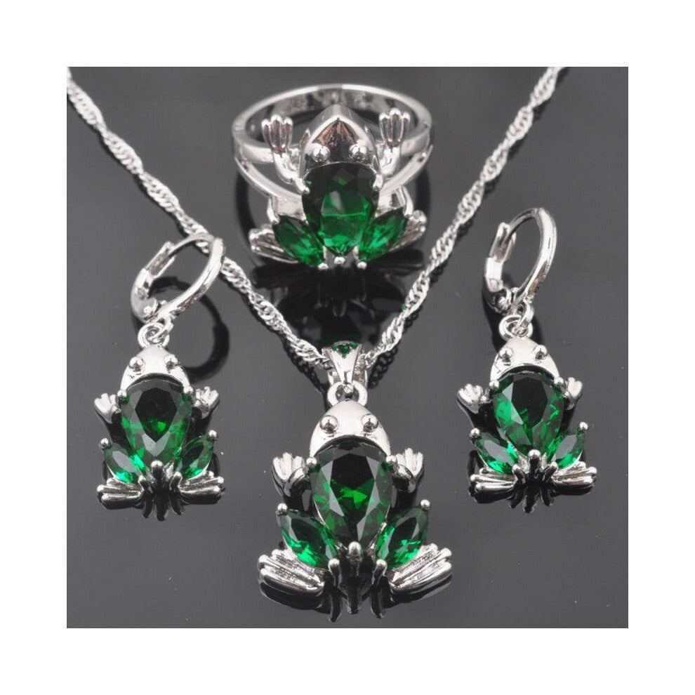 FAHOYO Green Zircon Frog Design Women's 925 Sterling Silver Jewelry Sets Earrings-Pendant-Necklace-Rings QZ0319