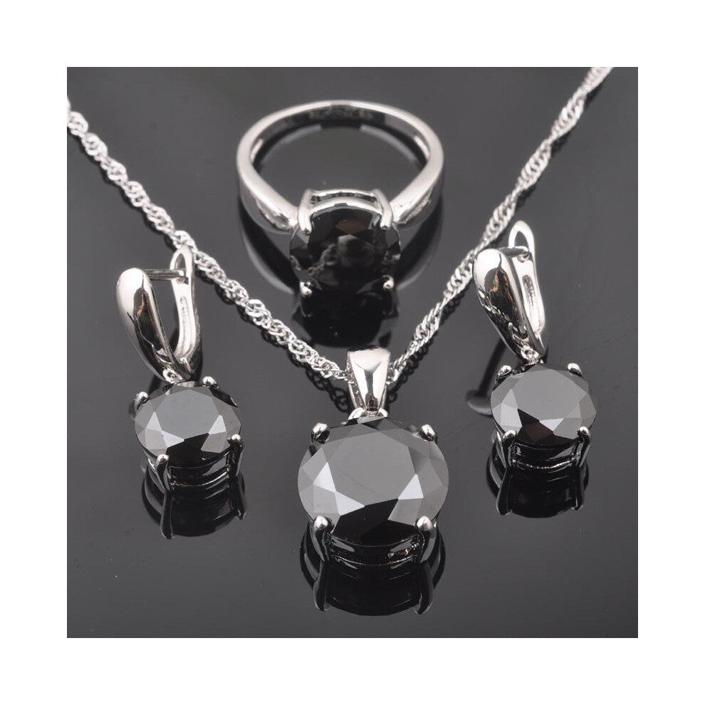 FAHOYO Classic Round Black Zircon Women's 925 Sterling Silver Jewelry Sets Earrings-Pendant-Necklace-Rings QZ0218