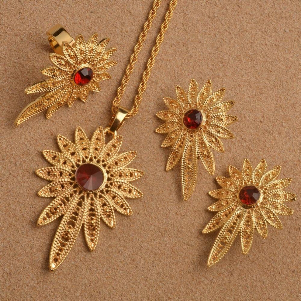 Anniyo Ethiopian Wedding Jewelry Sets Pendant Necklace-Earring-Ring Gold Color African Eritrea Habesha Gifts #L0006