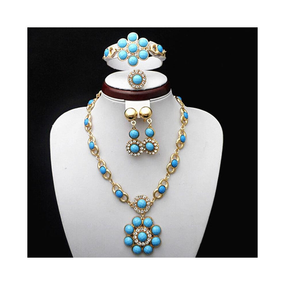 Gold Color African Lace Costume Light Blue Resin Flower Jewelry Sets-Necklace,earring,bracelet,ring!!