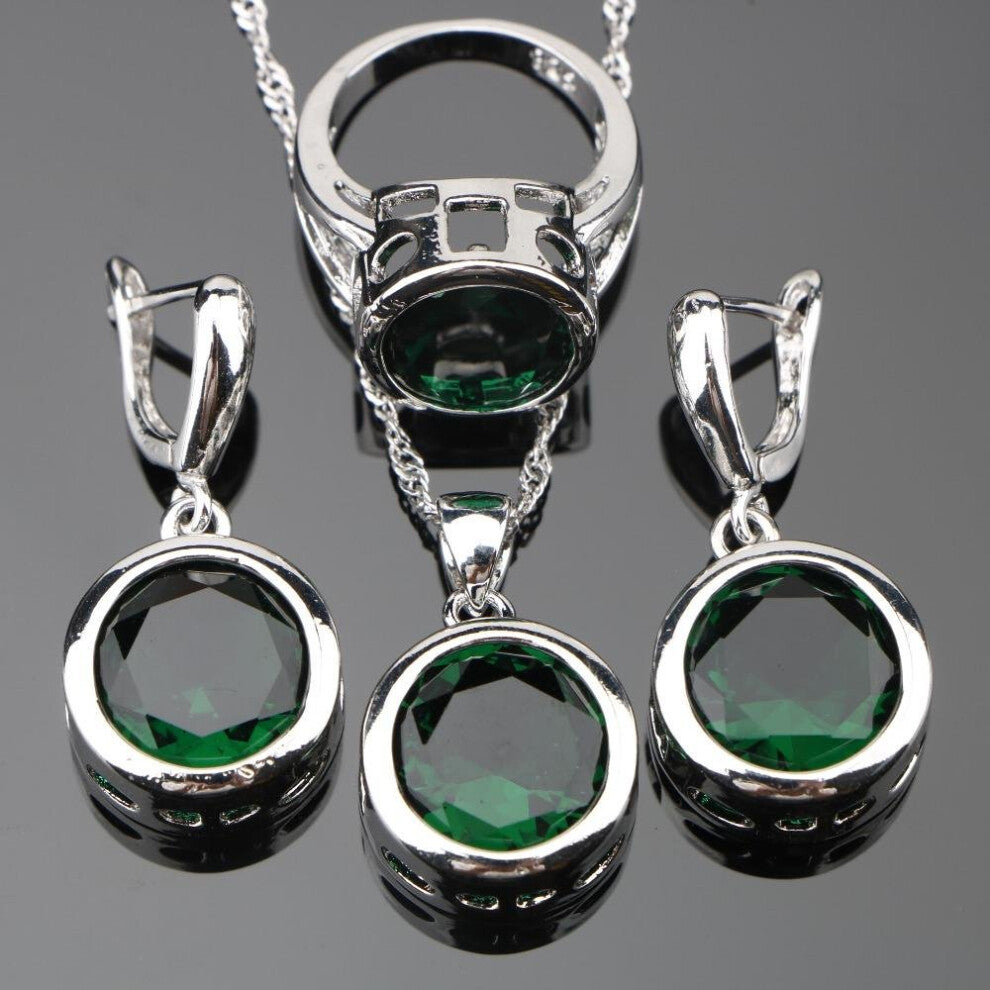 Handmade Round Green Cubic Zirconia Silver Women 925 Jewelry Sets Pendant-Necklace Chain-Earrings-Rings 6-7-8-9-10 Free Gift Box