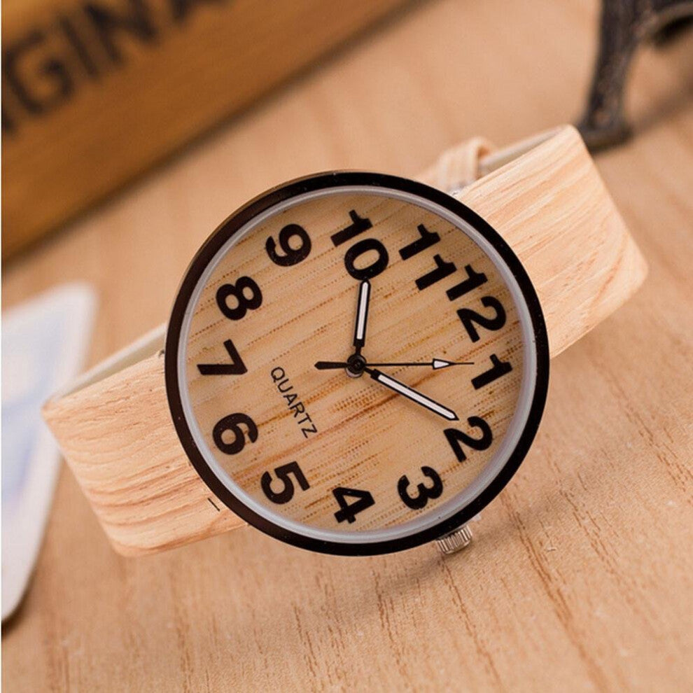 Style Wood Grain Leather Quartz Watch Women Dress Wristwatches Men Watch