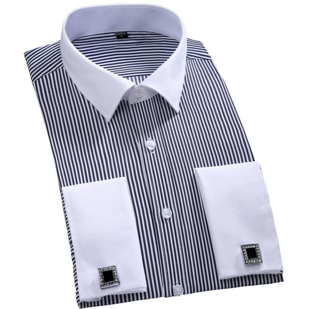 2016 New Cufflinks Men Dress Shirts Fashion Formal Business Wedding French Cuff Stripe Shirts T0025