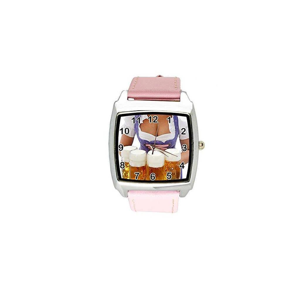 Oktoberfest Beer Quartz Square Watch Real Leather Pink Band Dial