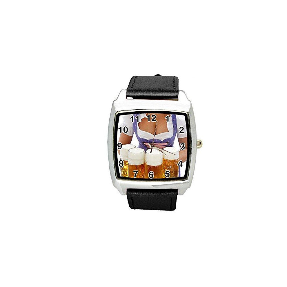 Oktoberfest Beer Quartz Square Watch Real Leather Band Bw Text Dial  Black