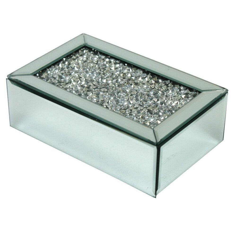 Glass Mirrored Jewellery Box with Black Velvet Interior, Diamond-Accented, Modern Display, 20x13x7 cm