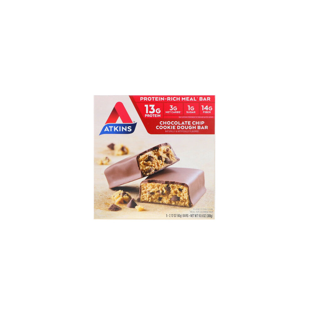 Atkins, Meal, Chocolate Chip Cookie Dough Bar, 5 Bars, 60g Each