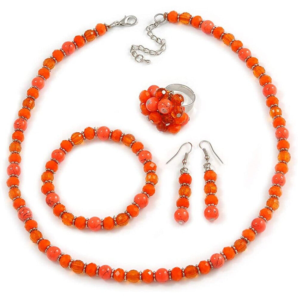 Avalaya Orange Glass-Ceramic Bead with Silver Tone Spacers Necklace-Earrings-Bracelet-Ring Set - 48cm L- 7