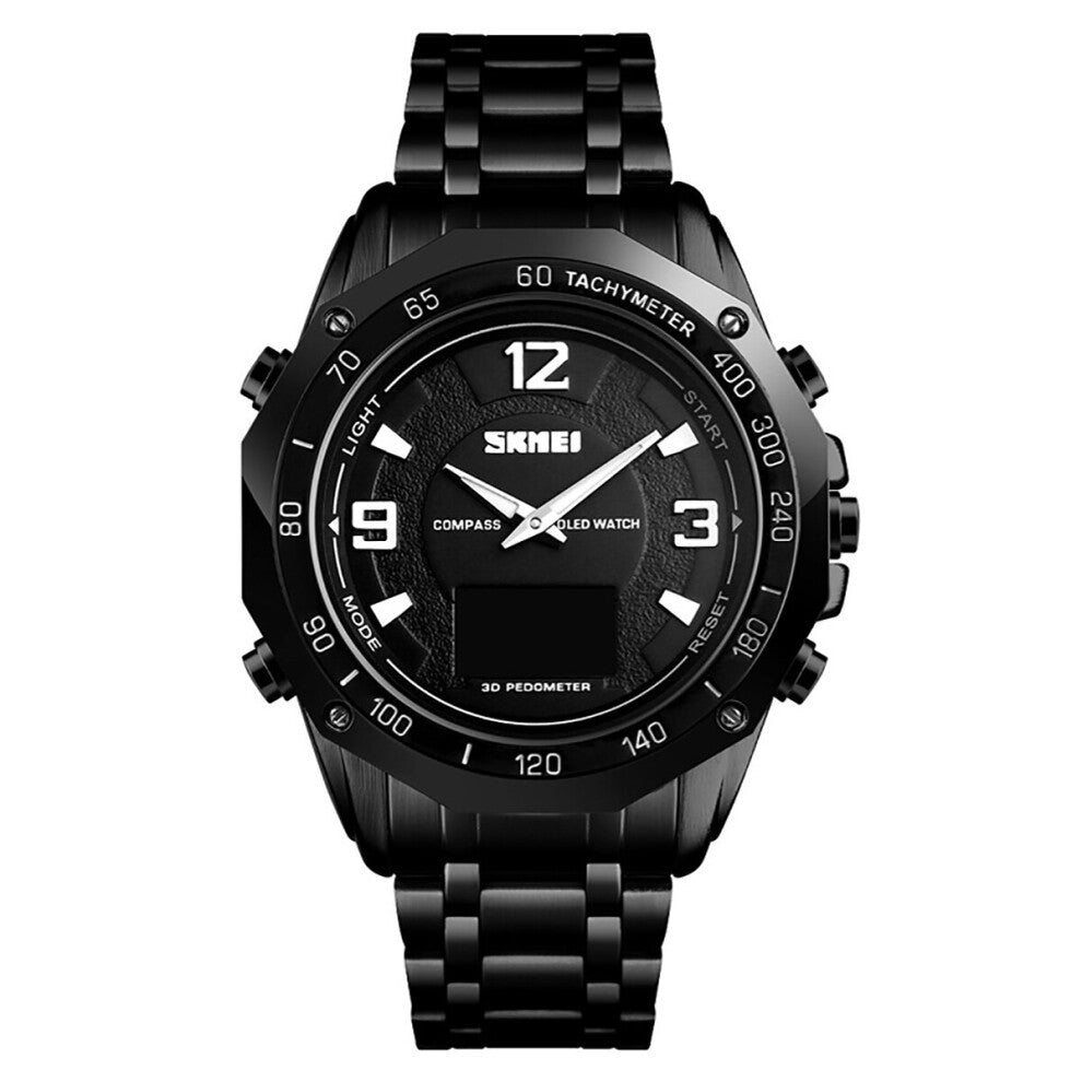 Skmei Dual Time Gadget Watch Stopwatch Countdown Alarm Compass Metal Strap