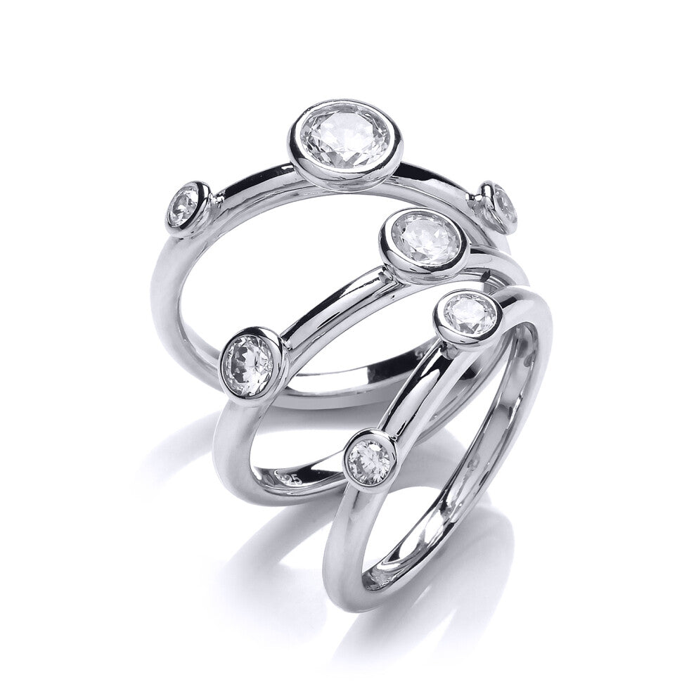 (P) Jewelco London Ladies Rhodium Plated Sterling Silver Cubic Zirconia Set of 3 Bubble Stacker Dress Ring