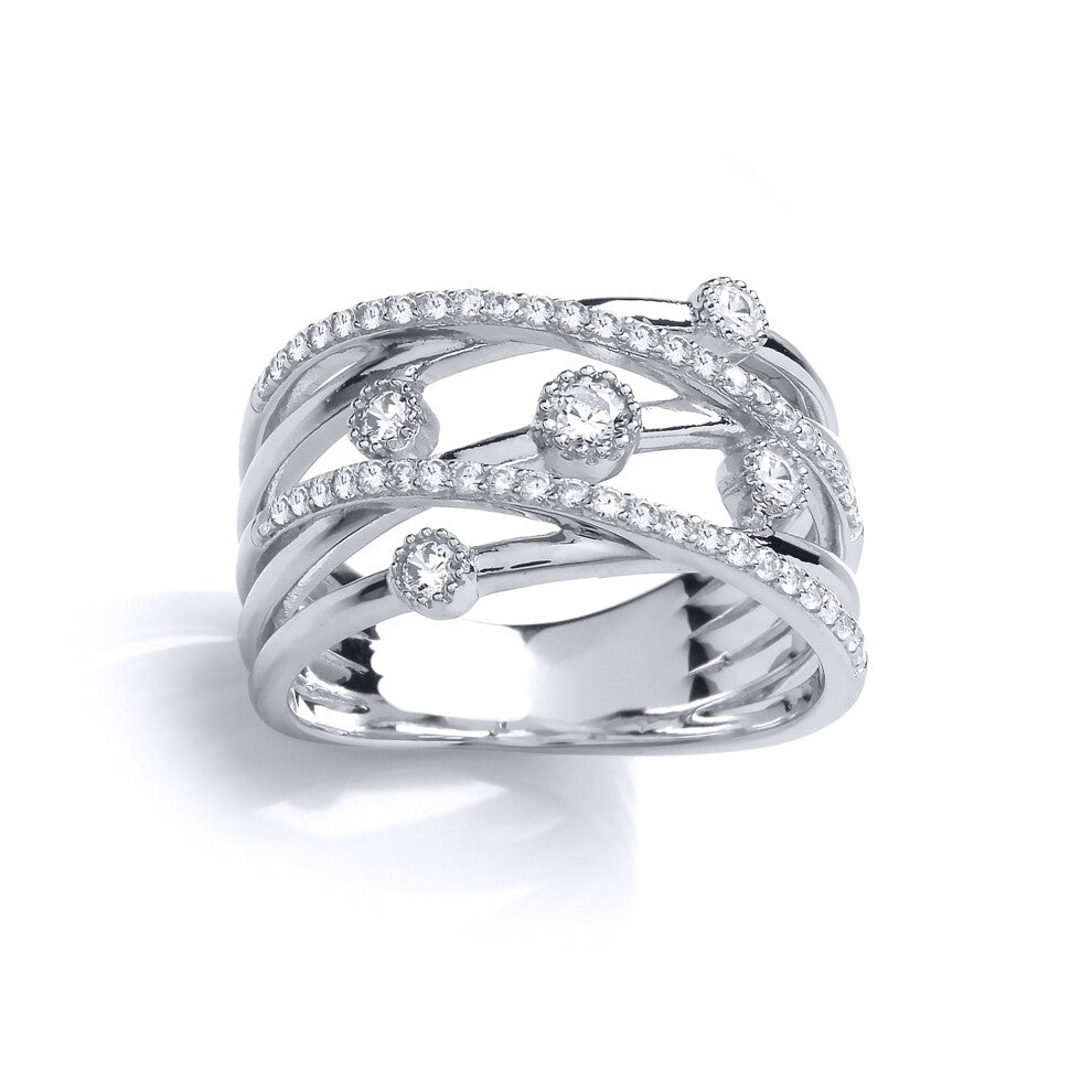(M) Jewelco London Ladies Rhodium Plated Sterling Silver Cubic Zirconia Crossover Bubble Pentalogy Dress Ring