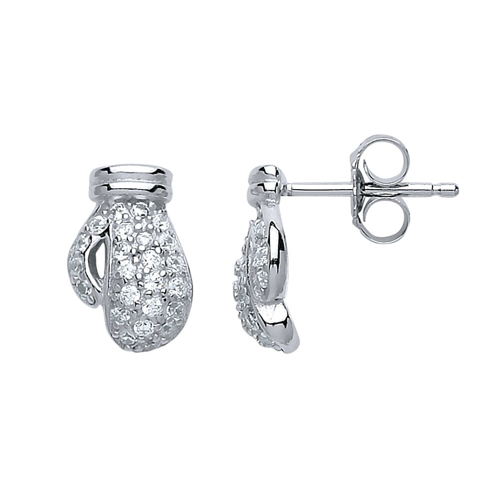 Jewelco London Ladies Sterling Silver Cubic Zirconia Pave Boxing Glove Stud Earrings - GVE576
