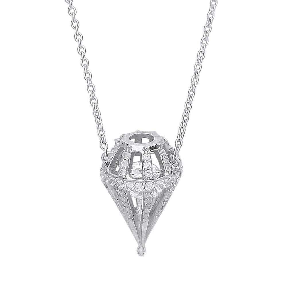 Jewelco London Ladies Sterling Silver Cubic Zirconia 3D Diamond-shaped Cage Charm Necklace - GVK326