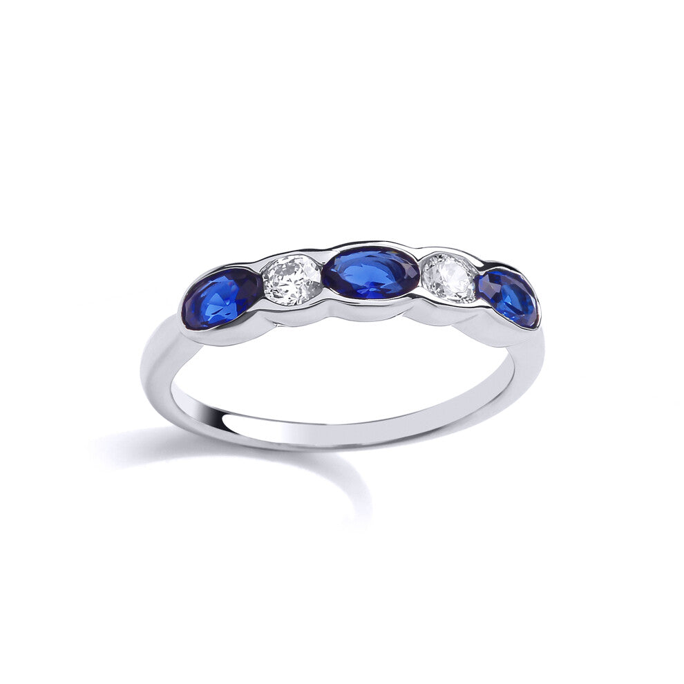 (Q) Jewelco London Ladies Rhodium Plated Sterling Silver Blue Cubic Zirconia Alternating Bubble Eternity Engagement Ring