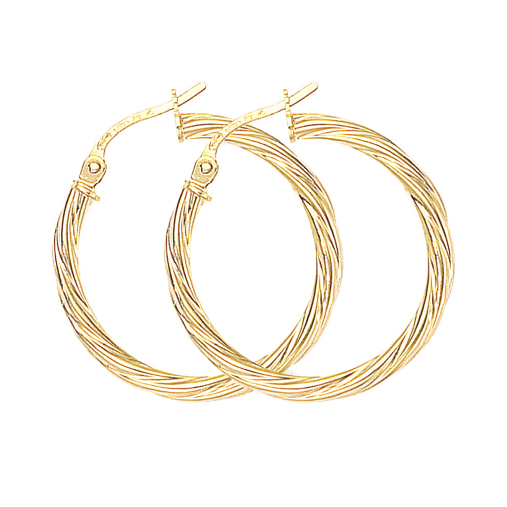 Jewelco London Ladies 9ct Yellow Gold Liquorice Candy Twist Hoop Earrings - 23mm - ERNR02080