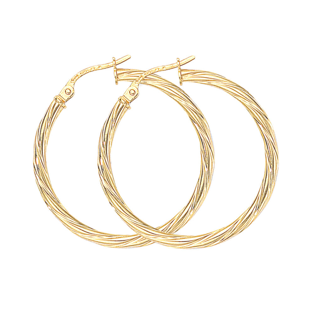 Jewelco London Ladies 9ct Yellow Gold Liquorice Candy Twist Hoop Earrings - 28mm - ERNR02081