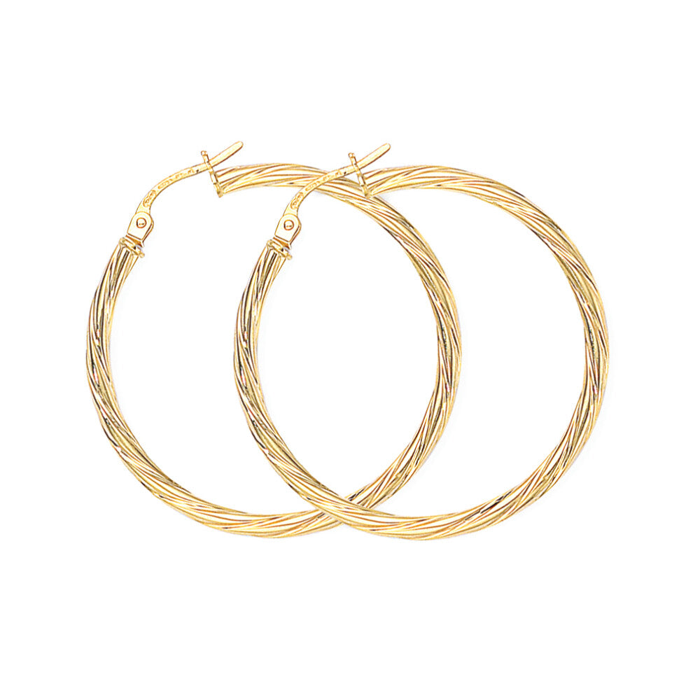 Jewelco London Ladies 9ct Yellow Gold Liquorice Candy Twist Hoop Earrings - 33mm - ERNR02082