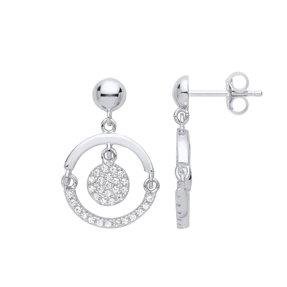Jewelco London Ladies Sterling Silver Cubic Zirconia Swing Hoop Disco Ball Stud Drop Earrings - GVE848