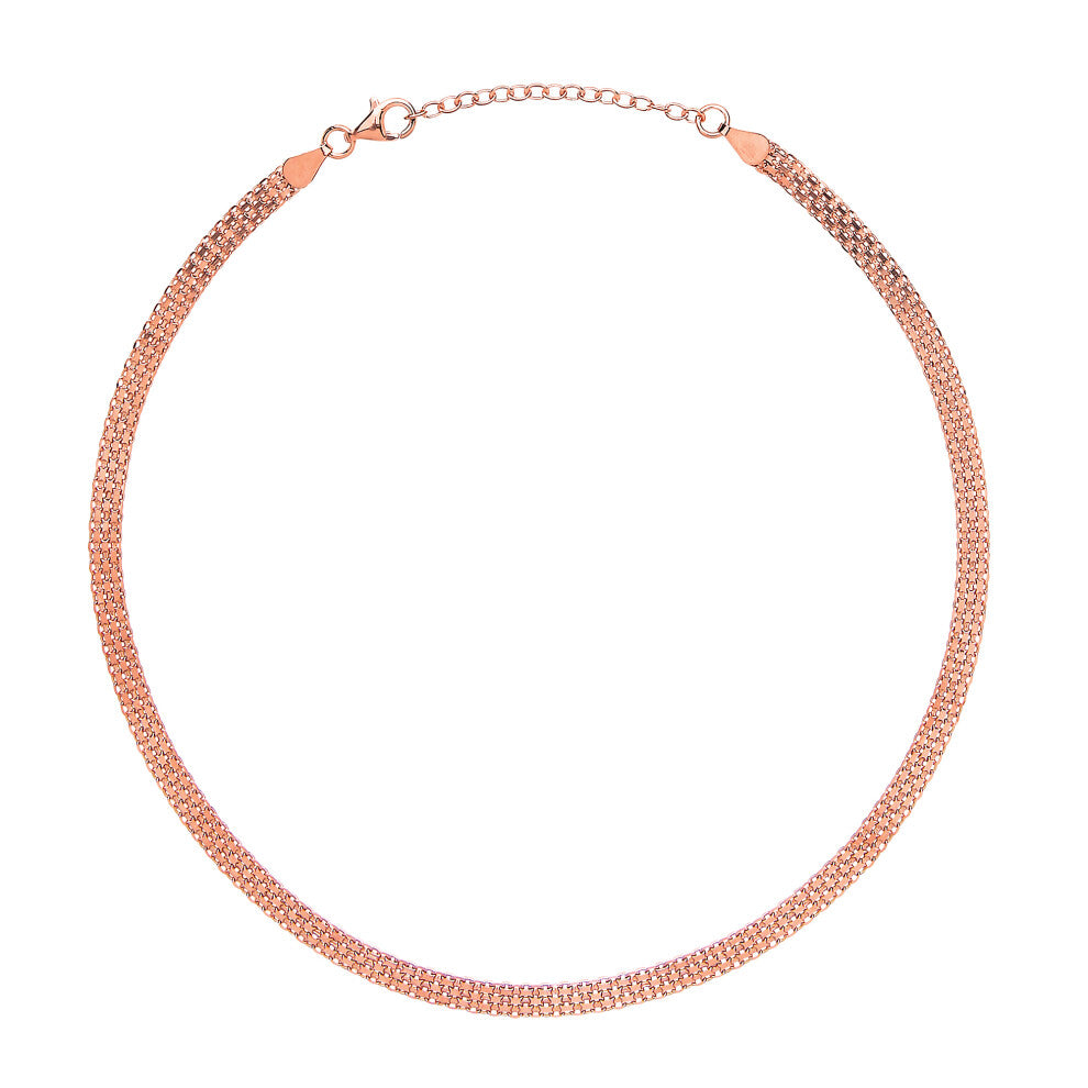 Jewelco London Ladies Rose Gold-Plated Sterling Silver Bismark Flat Cage Choker Collarette Necklace 5mm 14-16" - GVCL005R