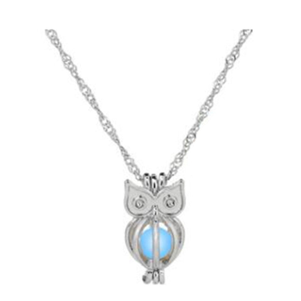3 Pcs Luminous Alloy Open Cage Mermaid Skull Head Necklace DIY Pendant Halloween Glowing Jewelry Gift NY034-Owl