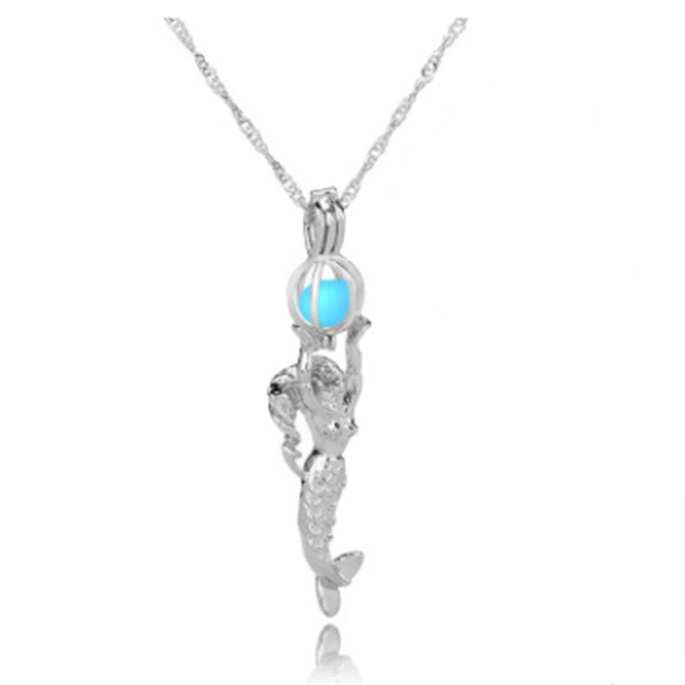 3PC Luminous Alloy Open Cage Mermaid Skull Head Necklace DIY Pendant Halloween Glowing Jewelry Gift NY048-beauty