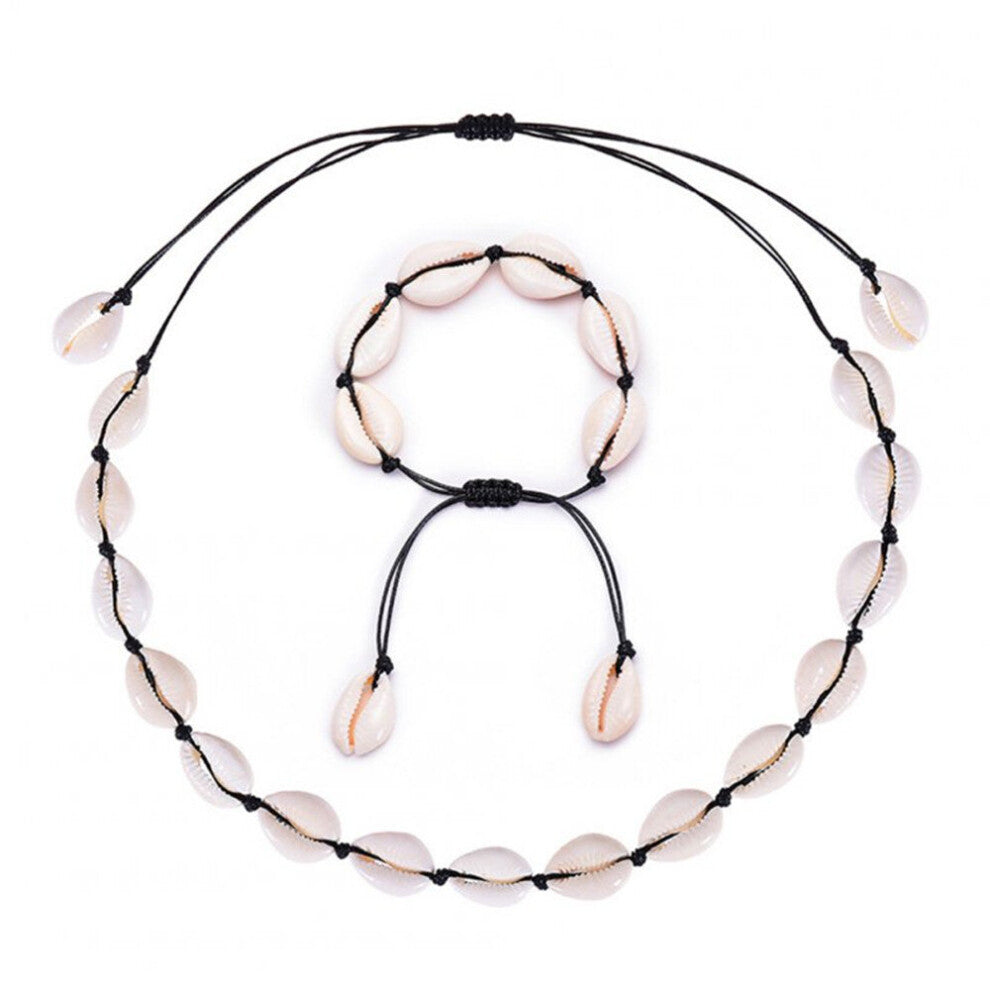 Bohemian Style Natural Shell Hand Knitting Necklace-Bracelet Black - shell (set)