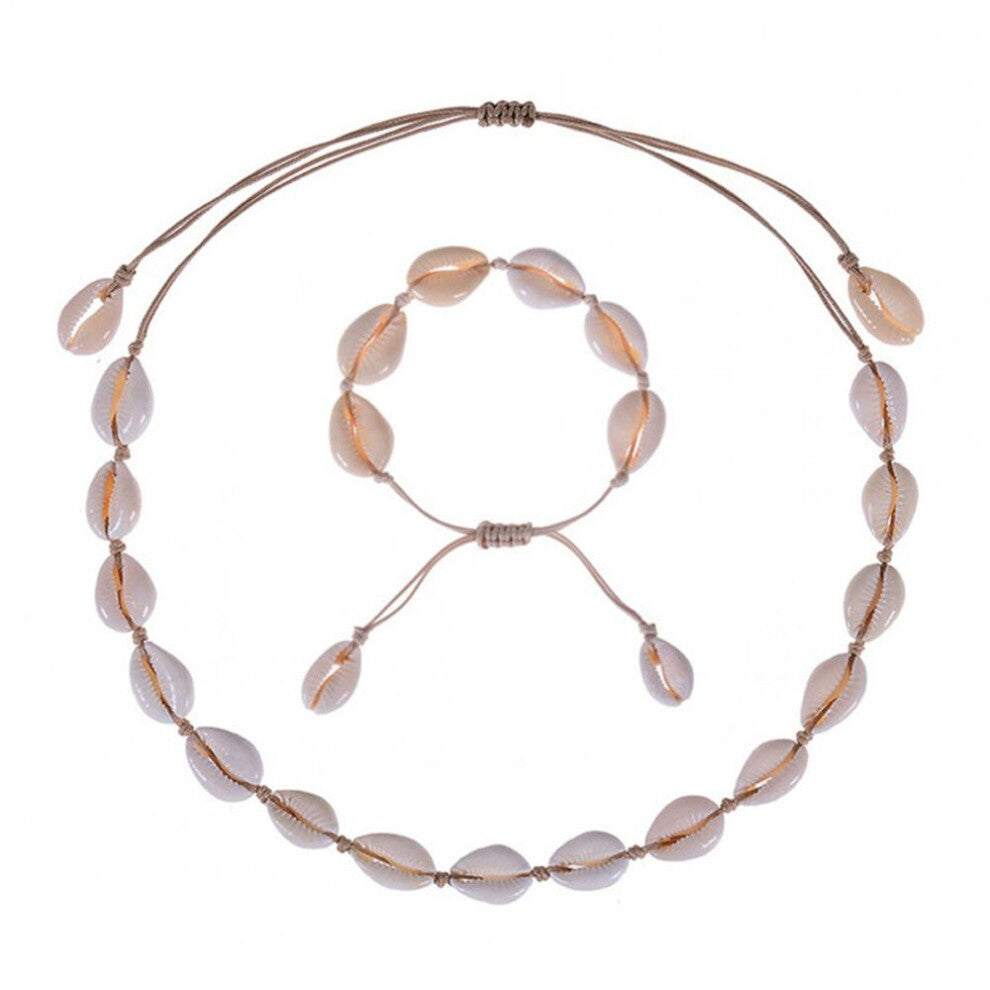 2SET Bohemian Style Natural Shell Hand Knitting Necklace-Bracelet Beige-shell (set)