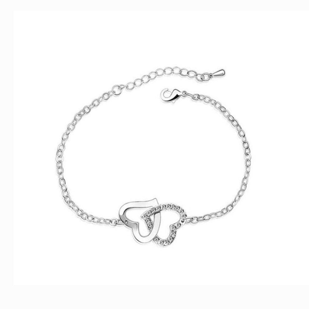 Women's Double Heart Intertwined Love Bracelet Clear Crystal Stones UK Seller