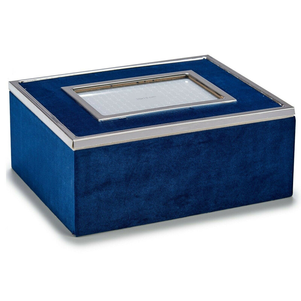 Dark Blue Velvet Rectangular Jewellery Box With Personalised Photo Frame Cover