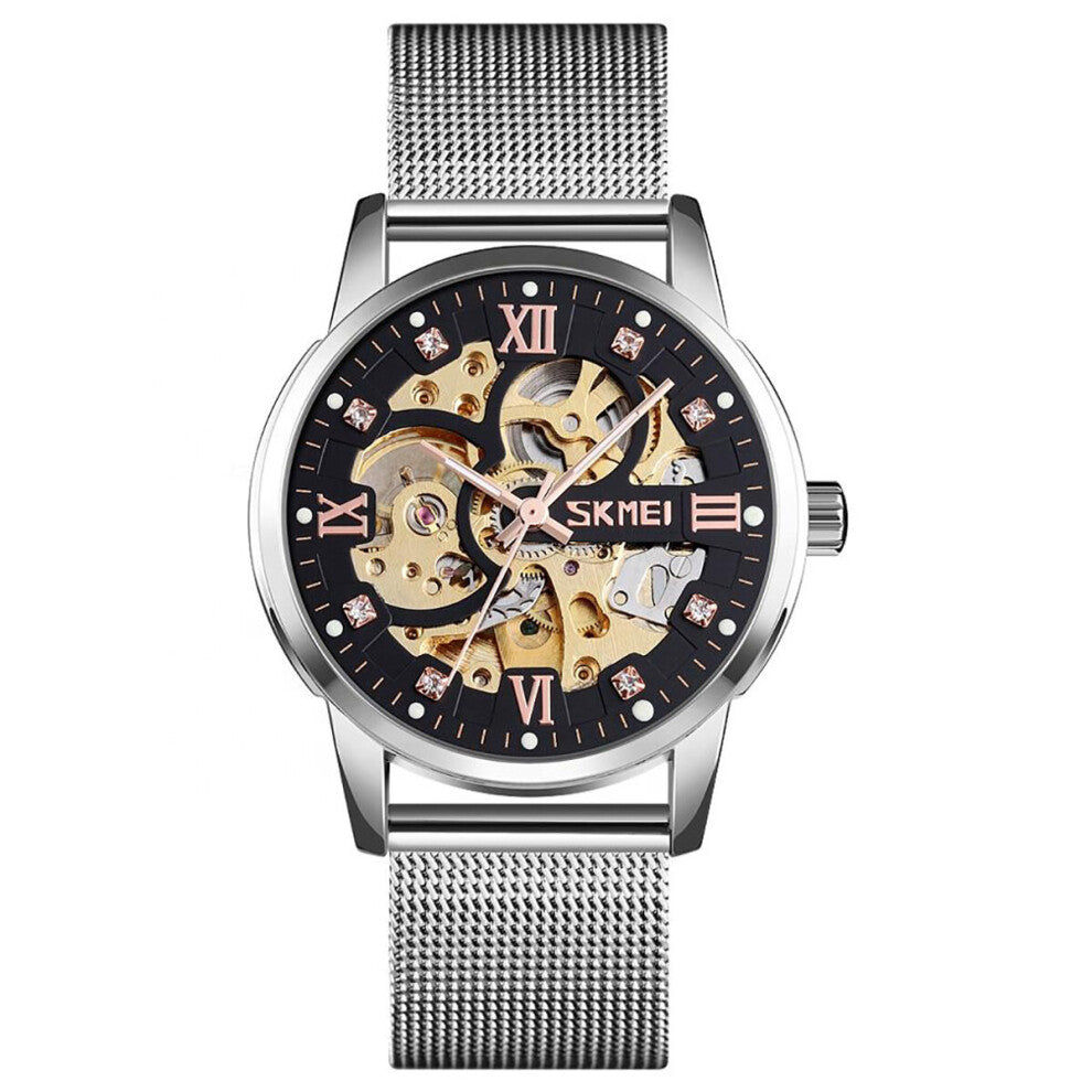 (Silver) Skmei Men's Automatic Movement Skeleton Steampunk Watch Metal Mesh Strap Crystal Markers SK9199